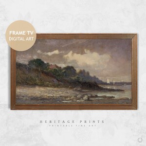 Samsung Frame TV Art, Cloudy Seascape Digital Art Frame TV Cover, Muted Coastal Beach Vintage Oil Painting Instant Download for The Frame TV