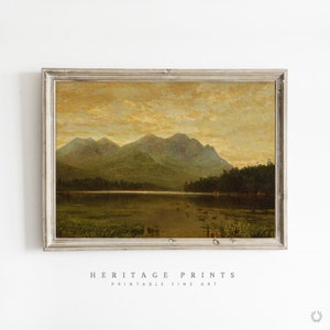 Vintage Lake Mountains Sunset Muted Colors Oil Painting Digital Download, Printable Rustic Farmhouse Wall Decor, Beige and Yellows Fine Art
