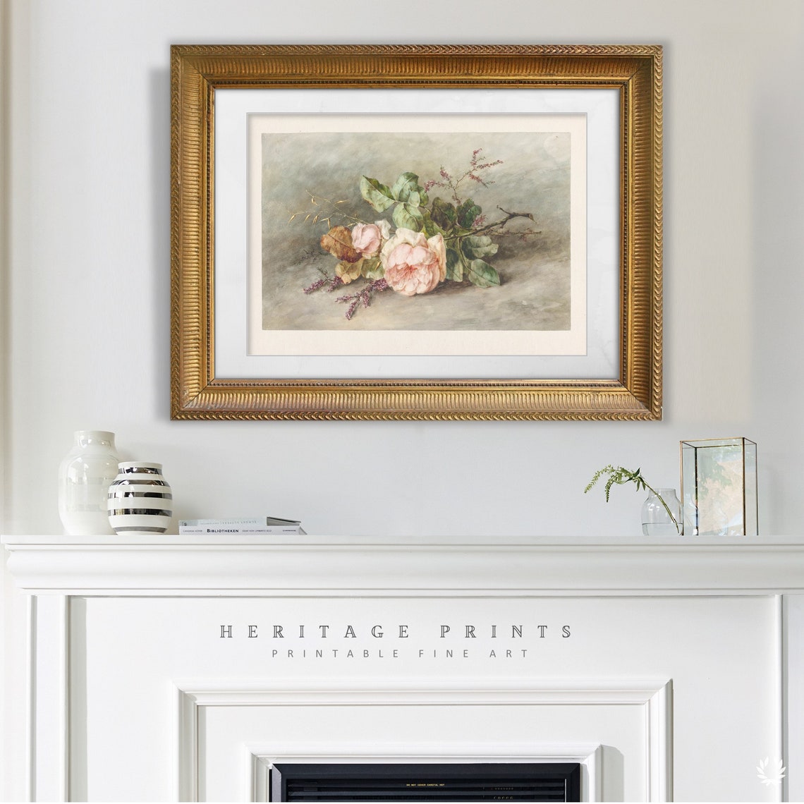 Pink Rose Printable Painting, Vintage Rose Peony Wall Art Digital ...