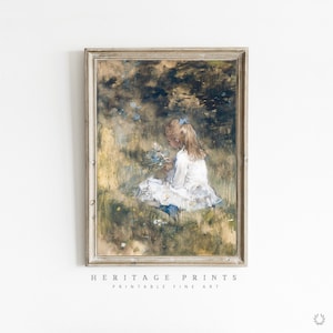 Little Girl Room Printable Wall Art, Girl Picking Flowers Vintage Painting, Girls Bedroom Room Watercolor Painting Instant Download, Decor