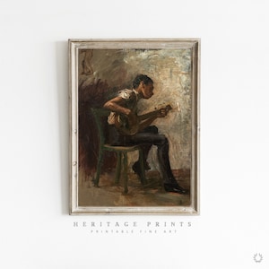 Boy Playing Guitar Painting, Music Room Portrait Painting, Light Aesthetic Rustic Art Print, Vintage Wall Art Decor, Printable Oil Painting