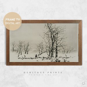 Samsung Frame TV Art, Vintage Minimal Winter Snow Trees Landscape Painting, Neutral Black and White Digital Art for TV Instant Download