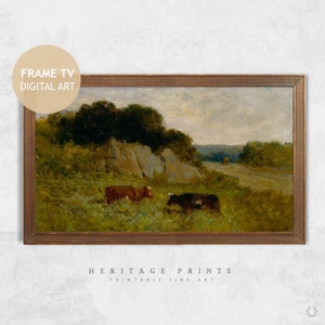 Samsung Frame TV Art, Farm Animals Cows Country Pasture TV art cover, Vintage Landscape Oil Painting Arte digital para TV download instantâneo