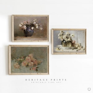 Printable Vintage Neutral Gallery Wall Set, Floral Antique Paintings Soft Colors Aesthetic Decor, Flower Paintings, Rose Peonies Blush Pink