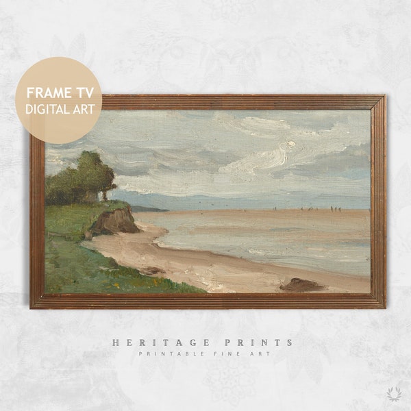 Samsung Frame TV Art File, Beach House Vintage Coastal Painting for Frame TV Instant Download, Retro Beige Blue Green Image for Television