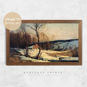 Samsung Frame TV Art, Winter Boerderij Vintage Landschap Schilderij voor TV digitale download, Snow Cottage Country Side Olieverfschilderij TV Afbeelding
