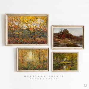 Set of 4 Autumn Foliage Paintings, Fall Landscape Prints Set, Printable Vintage Art Gallery Wall, Rustic Farmhouse Decor Wall Art Set Bundle