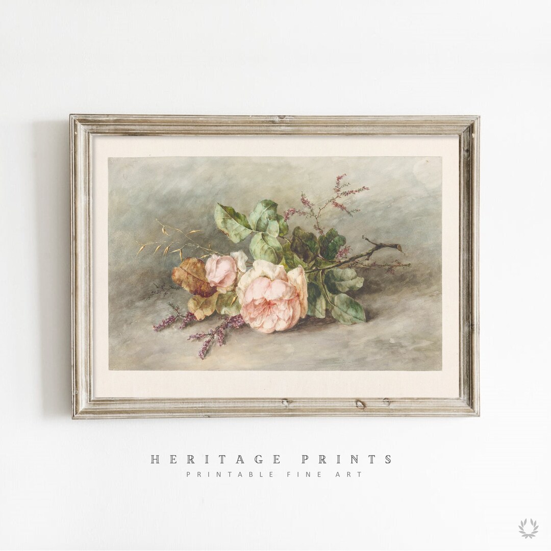 Pink Rose Printable Painting, Vintage Rose Peony Wall Art Digital ...