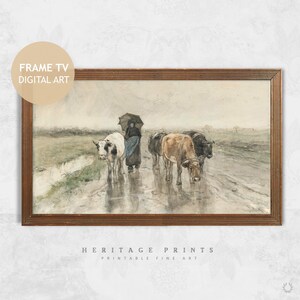 Samsung Frame TV Art, Bege Nature Vintage Country Painting Arte digital para Frame TV, Farmhouse Farm Animals Aquarela TV Art Download