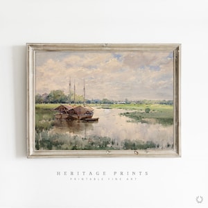 Rustic Countryside Lake Landscape Printable Vintage Watercolor Painting Instant Digital Download, Antique Wall Art Easy Print Reproduction