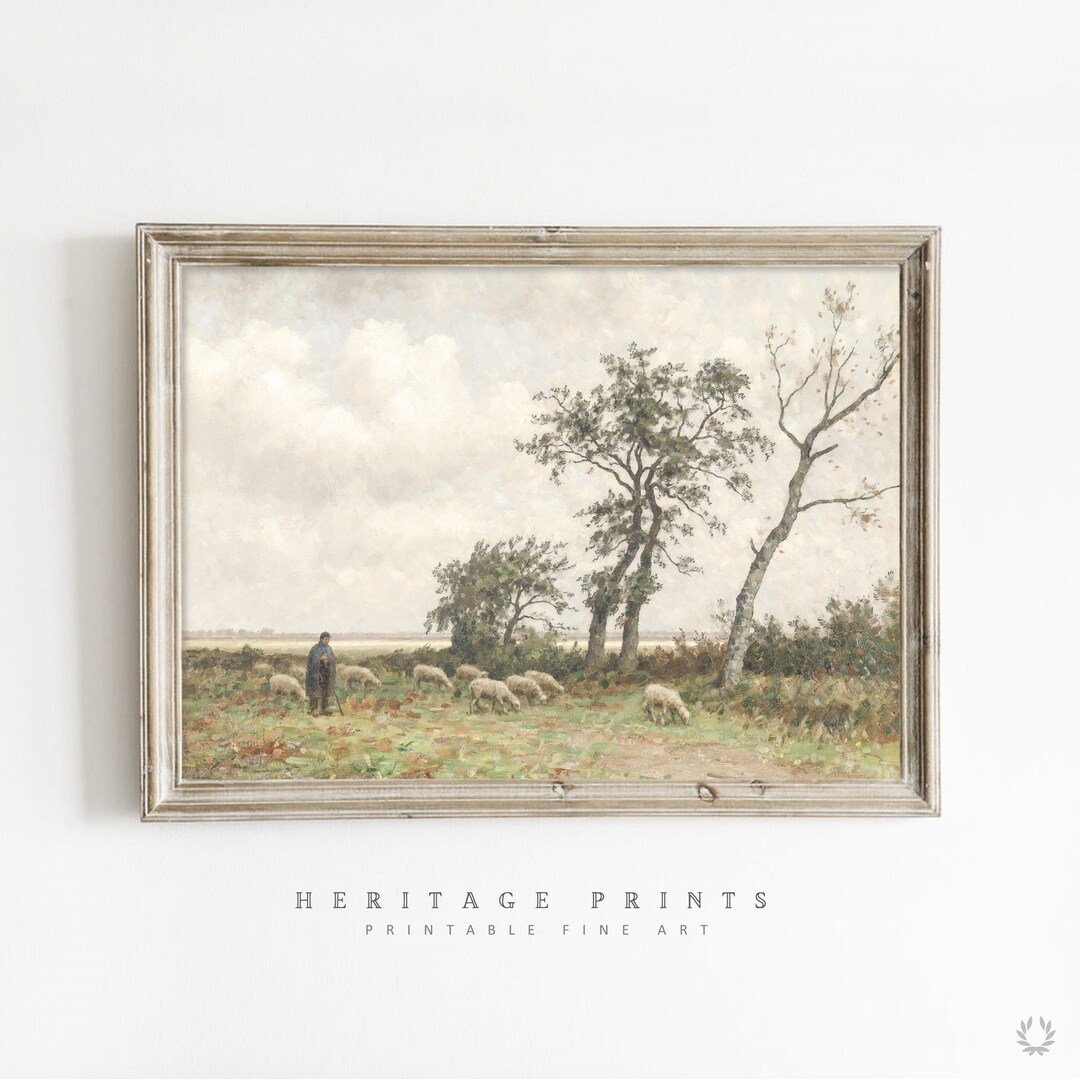Vintage Sheep Oil Painting, Rustic Landscape Print, Digital Printable ...