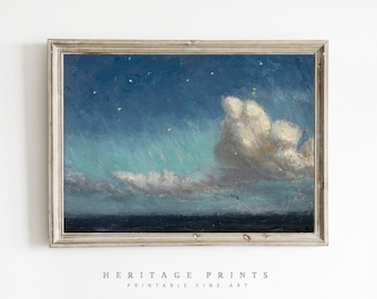 Vintage Clouds Study Print, Night Sky Printable Antique Oil Painting, Rustic Farmhouse Wall Decor, Vintage Nursery Printable Wall Art Decor