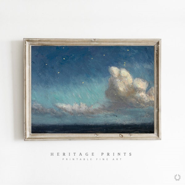 Vintage Clouds Study Print, Night Sky Printable Antique Oil Painting, Rustic Farmhouse Wall Decor, Vintage Nursery Printable Wall Art Decor