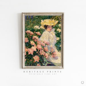 Portrait Painting of Woman, Light Academia Aesthetic Vintage Print, Rustic Farmhouse Wall Decor, Floral Fine Art, Pink Rose Flowers Painting