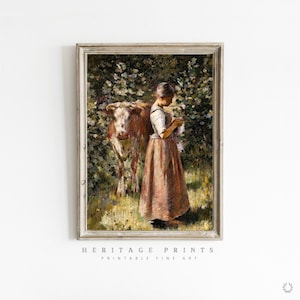 Vintage Cow Painting, Printable Cow Wall Art, Cow Girl Portrait Fine Art Print, Farmhouse Country Decor, Antique Cattle Artwork Download