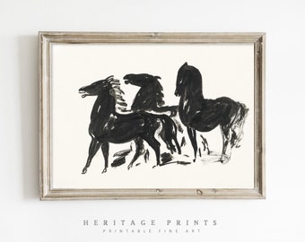 Vintage Horse Etching, Rustic Black and White Horses Illustration, Antique Sketch Digital Download, Wild Horses Art Print, Minimal Printable