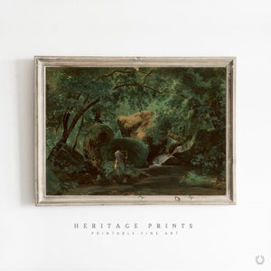 Lady Painting in the Forest Moody Vintage Painting, Emerald Green Impressionist Oil Painting, Printable Antique Wall Art, Rustic Art Prints