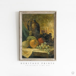 Vintage Kitchen Printable Wall Art, Retro Kitchen Art Prints, Rustic Farmhouse Dining Room Art, Fruits, Grapes and Wine Still Life Painting