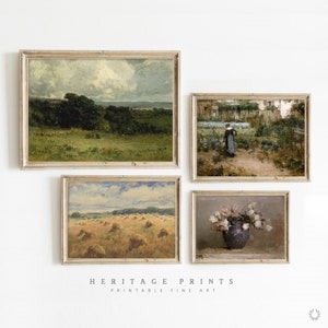 Printable Vintage Paintings Gallery Wall Set of 4, Rustic Farmhouse Antique Fine Art Prints Bundle, Neutral Warm Aesthetic Home Decor Pack