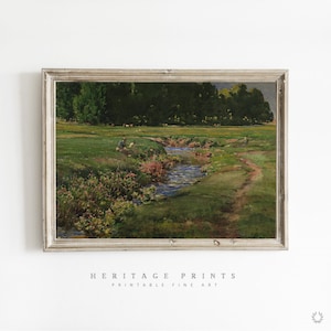 Country Landscape Painting Reproduction, Printable Rustic Farmhouse Wall Decor Instant Download, Vintage Antique Wall Art Print Gift Idea