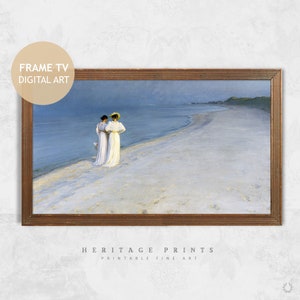 Archivo de arte de Samsung Frame TV, pintura de retrato vintage de mujeres con vestido blanco en la playa, arte de decoración de casa de playa costera para descarga digital de TV