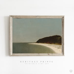 Könnte beinhalten: Ein gerahmtes Gemälde, das eine Meereslandschaft mit einem Sandstrand und einem bewaldeten Hügel in der Ferne zeigt. Der Himmel ist hellblau und das Wasser ist tiefblau. Das Gemälde befindet sich in einem einfachen Holzrahmen.