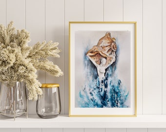 Hand painted watercolor paintings, lake, wave, original artwork, wall decoration