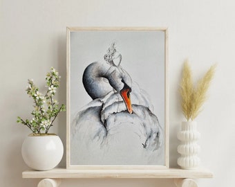 Hand painted watercolor paintings, swan, original artwork, wall decoration