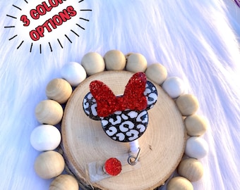 Glitter Cheetah Minnie Mouse Inspired Badge Reel, Leopard Print Badge Reel, Holographic Glitter Badge Reel, Retractable ID Badge Holder
