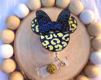Cheetah Minnie Mouse Inspired Badge Reel, Leopard Print Badge Reel, Holographic Glitter Badge Reel, Retractable ID Badge Holder