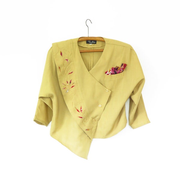 Original Vintage Y2K 1990s 1980s Mustard Yellow Embroidered Cropped Asymmetric Jacket
