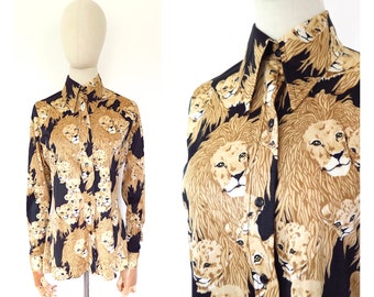 Vintage 1970s Retro Lion Animal Novelty Print Patterned Long Sleeve Blouse Disco Shirt