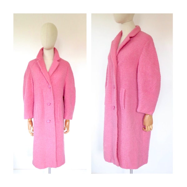 Vintage 1950s 1960s Dereta London Pink Wool Boucle Overcoat Coat Jacket