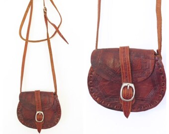 Original Vintage Small 1960s 1970s Tooled Carved Brown Leather Boho Purse Shoulder Crossbody Handbag