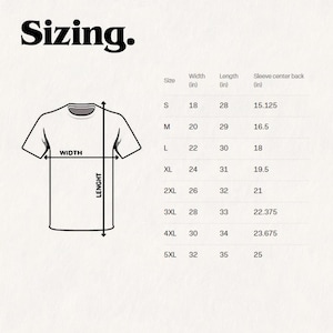 May include: Sizing chart for a t-shirt with measurements in inches for width, length, and sleeve center back. Sizes range from S to 5XL.
