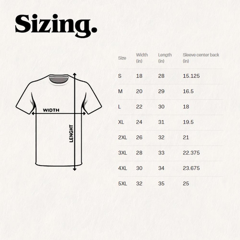 May include: Sizing chart for a t-shirt with measurements in inches for width, length, and sleeve center back. Sizes range from S to 5XL.