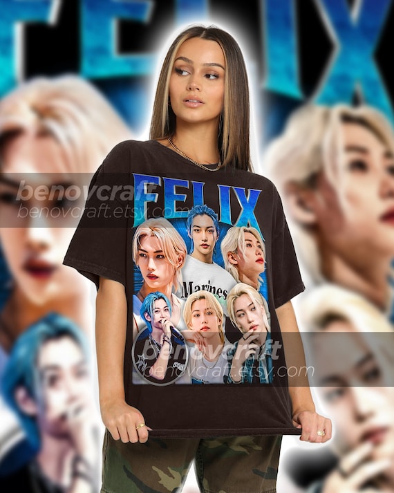 アイドル UNIFORM T-SHIRT Felix Felix Retro 90s Distressed Bootleg T-shirt, KPOP T-shirt and