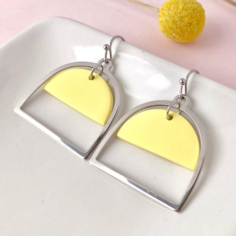 Arch Dangle Earrings yellow /& silver polymer clay nickel free jewelry