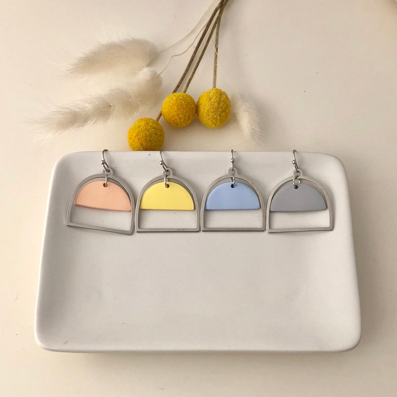 Arch Dangle Earrings yellow /& silver polymer clay nickel free jewelry