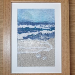 beach embroidered picture, seaside art, handmade textile art free uk delivery