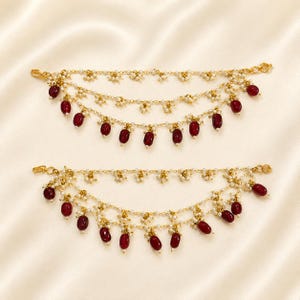 Chaîne d'oreilles de mariée Kundan rubis perle, bijoux de mariage indiens dorés