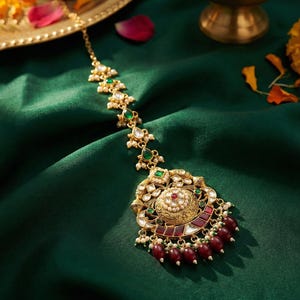 Może przedstawiać: Złoty nakrycie głowy z misternymi detalami, z zielonymi i czerwonymi kamieniami szlachetnymi, perłami i centralnym wzorem. Nakrycie głowy jest prezentowane na ciemnozielonej tkaninie, prezentując jego bogaty design.