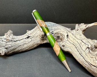 Maple Burl and Green Epoxy Twist Pen - Satin Finish