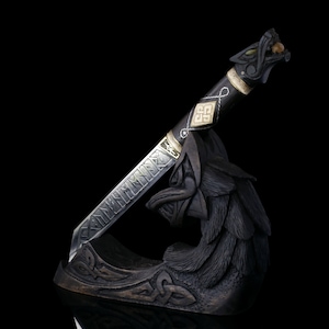 Handmade Viking Ulfhednar Knife, Bog Oak Handle, Wolf Stand