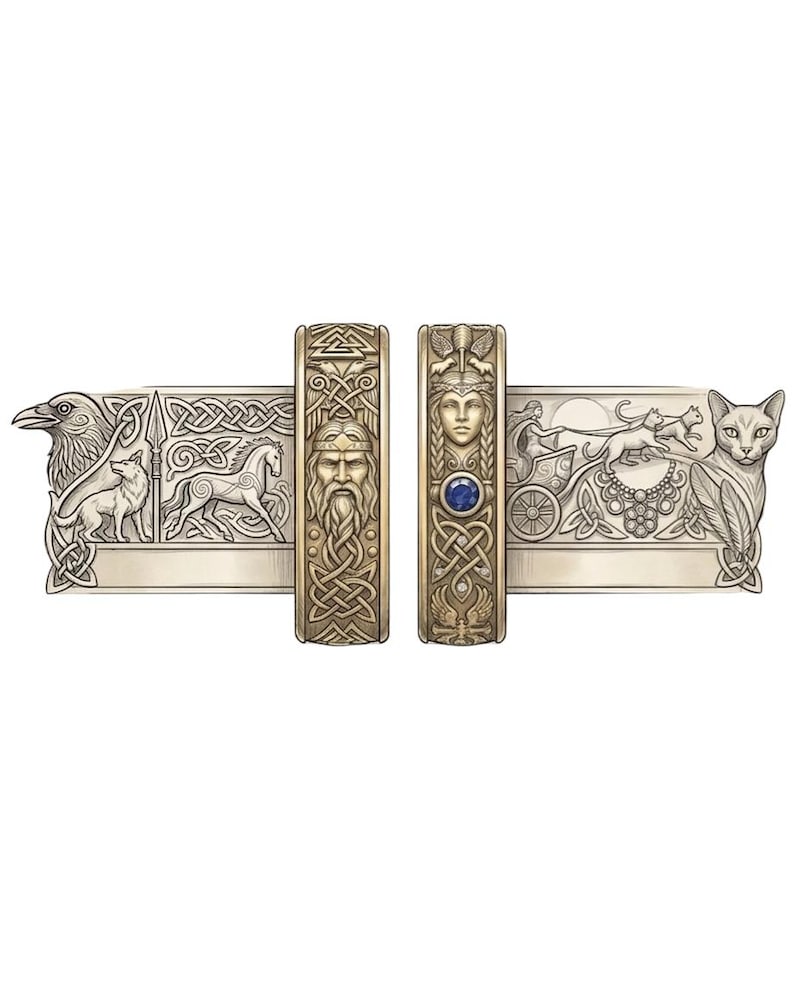 May include: Detailed illustration of two ornate metal bands with Celtic knotwork and figures. One band features a bearded face, the other a woman with a blue gem. The bands are flanked by images of a raven, wolf, horse, cat, and chariot.