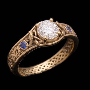 Gold Freya Engagement Ring, Raven Huginn Muninn, Diamond Sapphire Accents