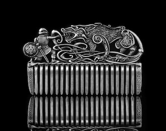 Sterling Silver Viking Beard Comb, Fenrir Wolf, Pocket Size