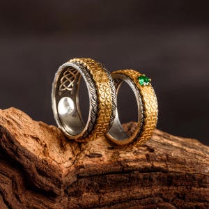 Slavic Wedding Rings with Sacred Symbols | Silver & Gold Rings with Gemstones | Eternal Love Engagement Band