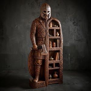 Könnte beinhalten: Ein Bücherregal aus Holz in Form eines Wikingerkriegers, der eine Axt und einen Schild hält. Die Regale sind mit Büchern und dekorativen Gegenständen gefüllt. Das Holz hat einen warmen, braunen Farbton. Die Schnitzerei ist detailliert.