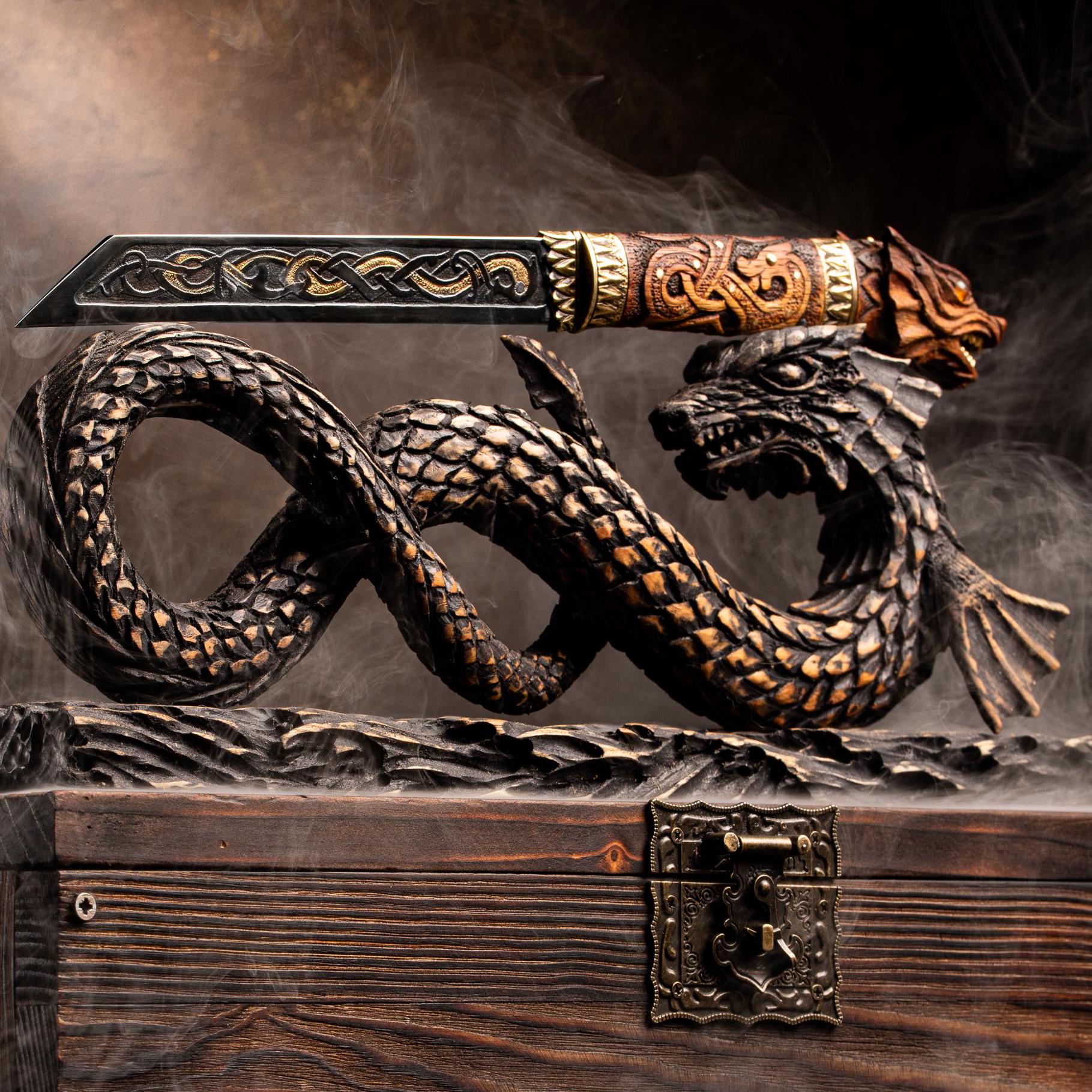 Handcrafted Jörmungandr Viking Scramasax Knife with Dragon Stand